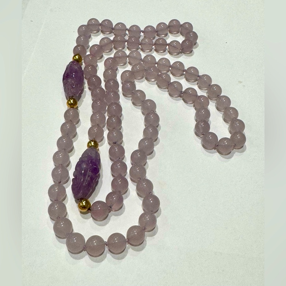34” 8mm natural amethyst beaded necklace w/ 14k beads & carved amethyst accents